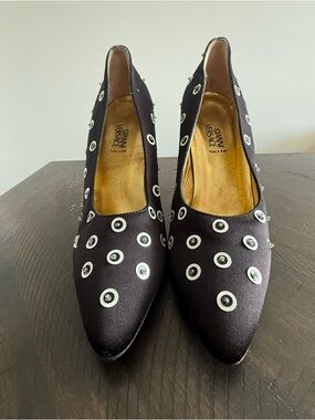 Versace Black Satin Pointed-Toe Eyelet-Embellished Pumps